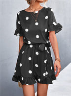 Ruffled Polka-Dot Dress with Round Neckline