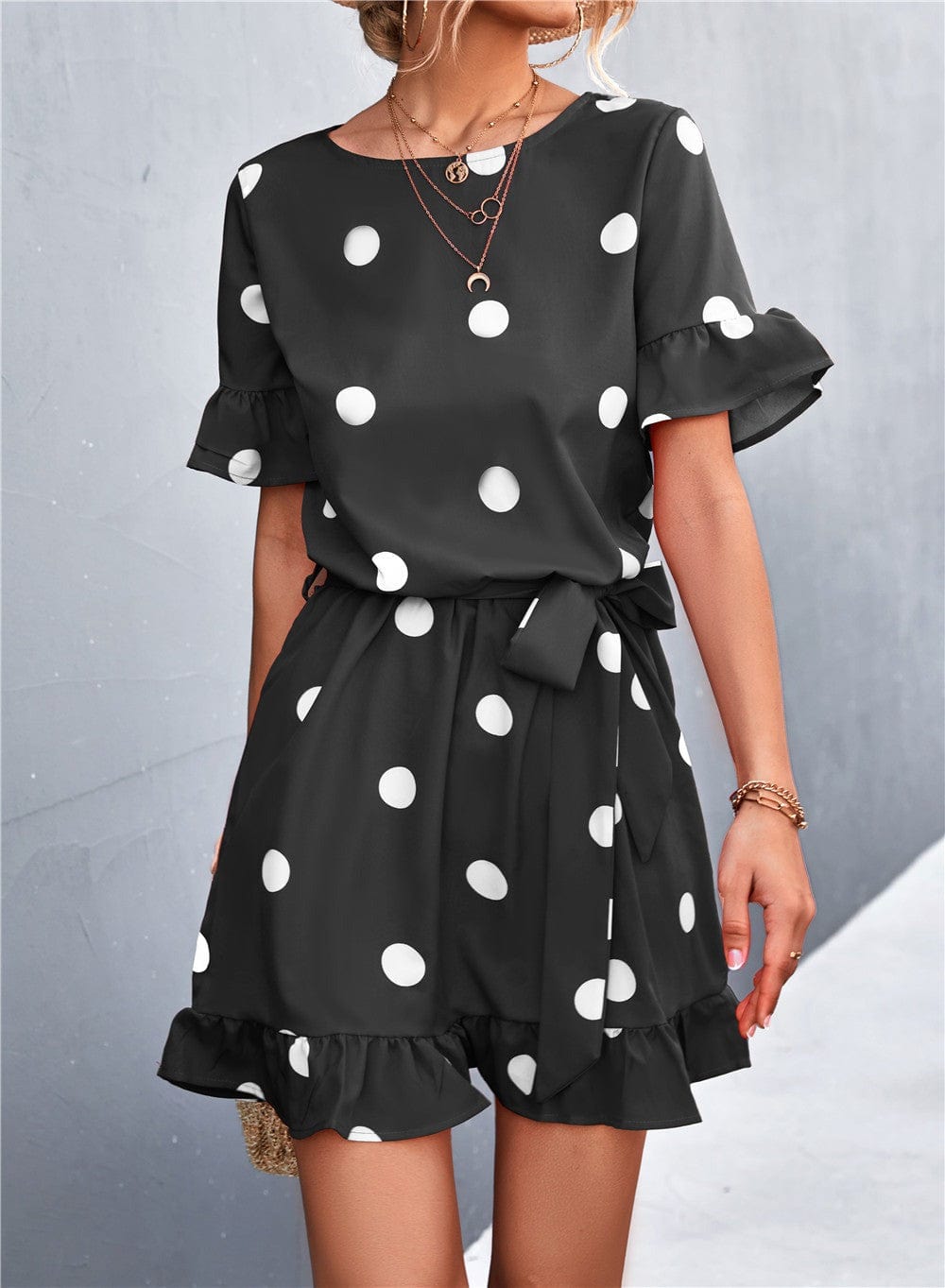 Ruffled Polka-Dot Dress with Round Neckline