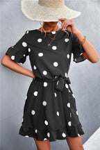 Ruffled Polka-Dot Dress with Round Neckline