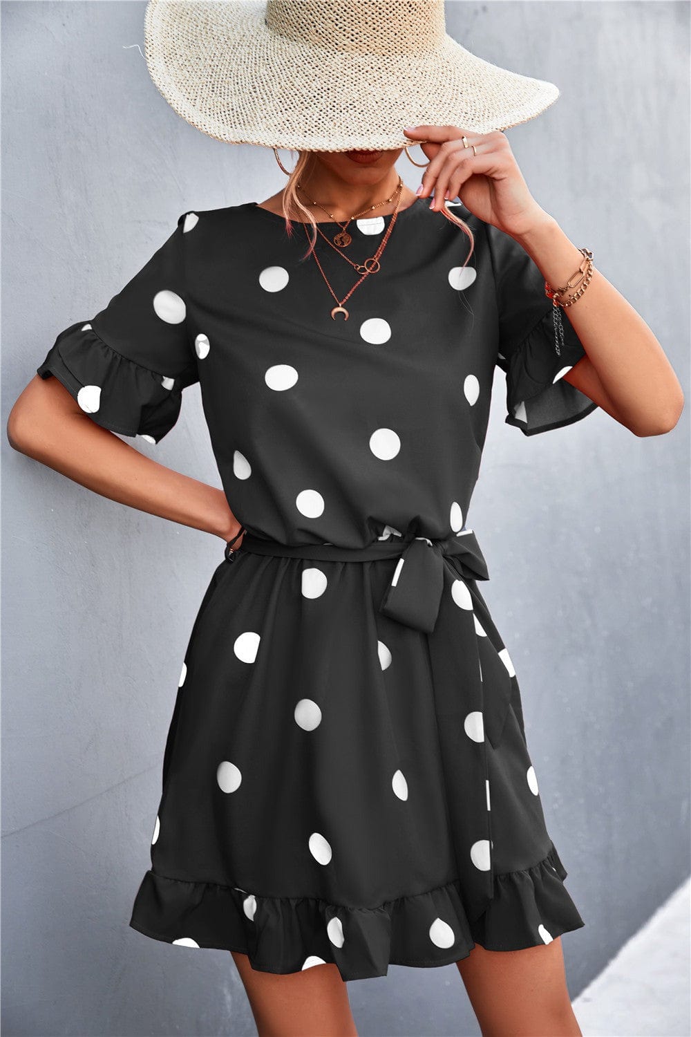 Ruffled Polka-Dot Dress with Round Neckline