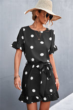 Ruffled Polka-Dot Dress with Round Neckline