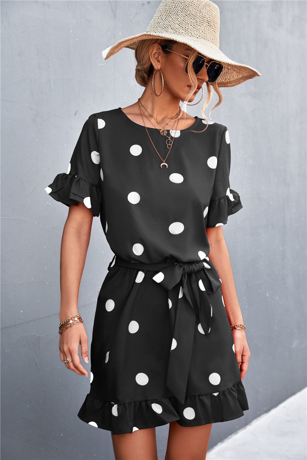 Ruffled Polka-Dot Dress with Round Neckline