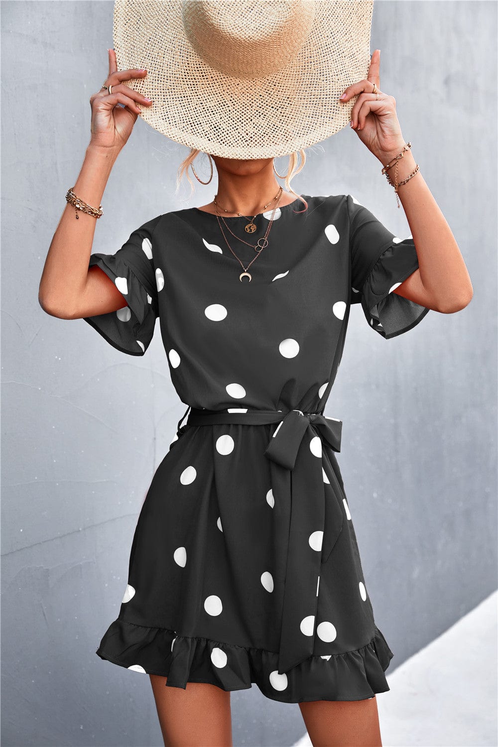 Ruffled Polka-Dot Dress with Round Neckline