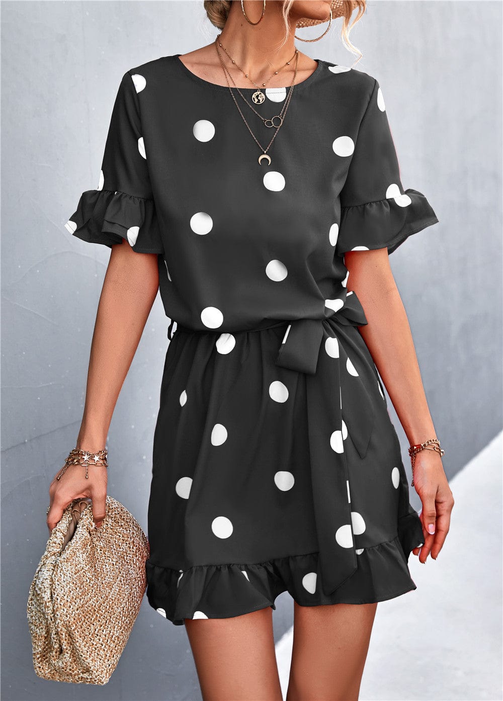 Ruffled Polka-Dot Dress with Round Neckline