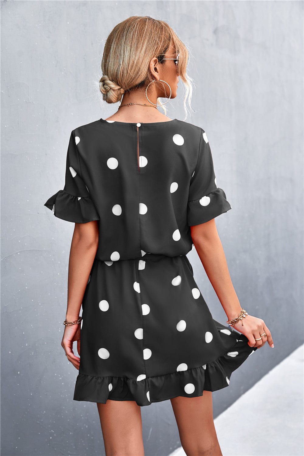 Ruffled Polka-Dot Dress with Round Neckline