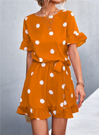 Ruffled Polka-Dot Dress with Round Neckline