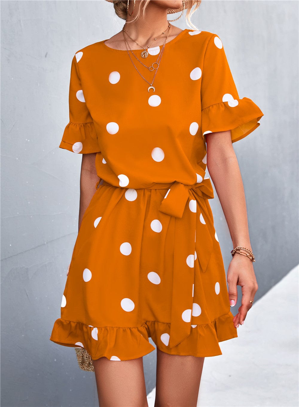 Ruffled Polka-Dot Dress with Round Neckline