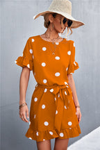 Ruffled Polka-Dot Dress with Round Neckline