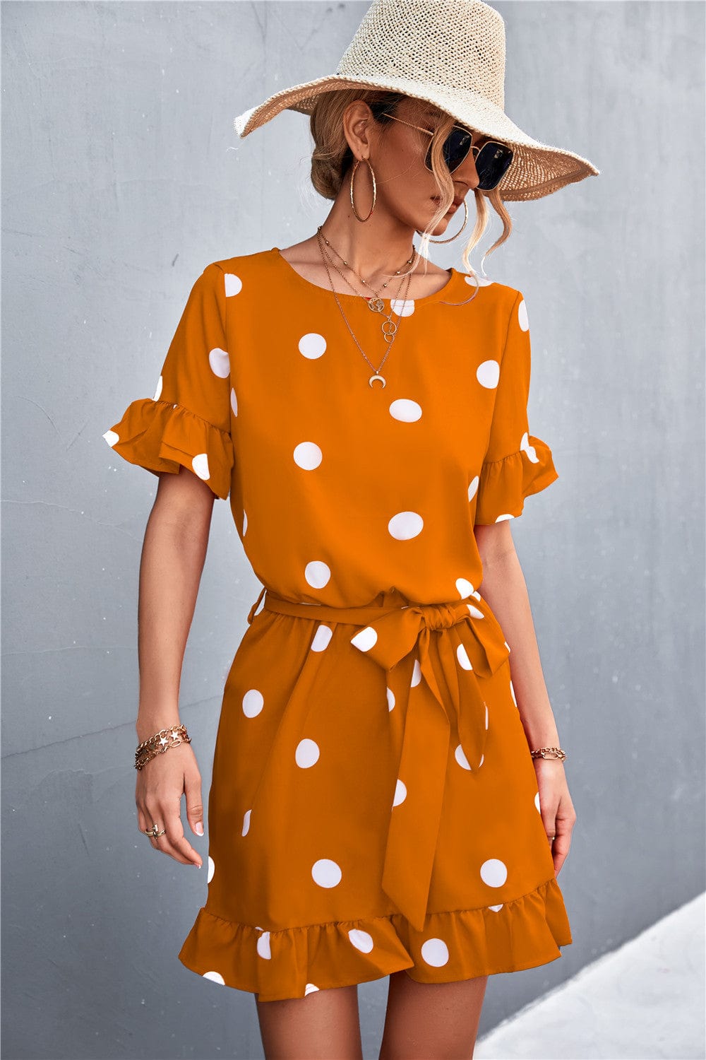Ruffled Polka-Dot Dress with Round Neckline