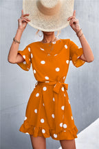 Ruffled Polka-Dot Dress with Round Neckline