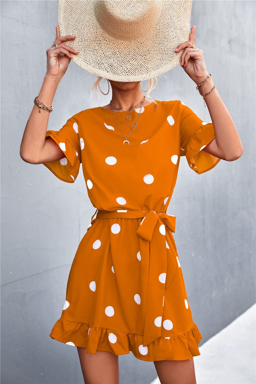 Ruffled Polka-Dot Dress with Round Neckline