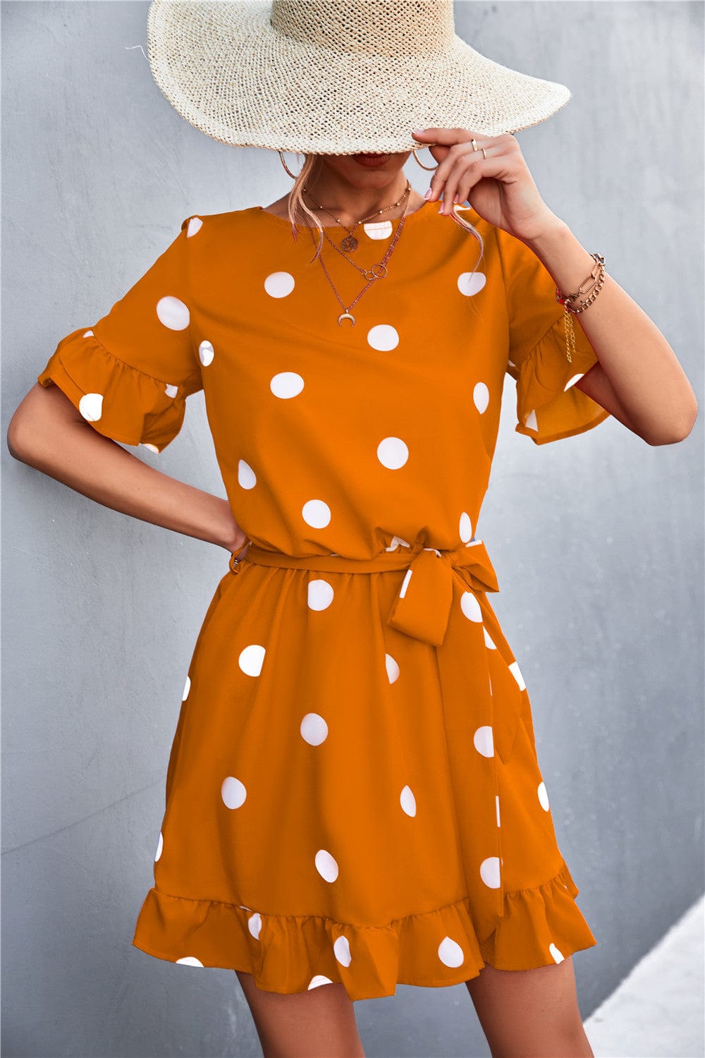 Ruffled Polka-Dot Dress with Round Neckline