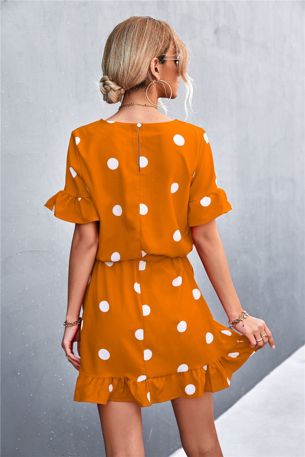 Ruffled Polka-Dot Dress with Round Neckline