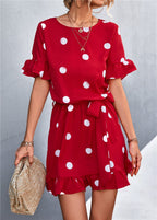 Ruffled Polka-Dot Dress with Round Neckline