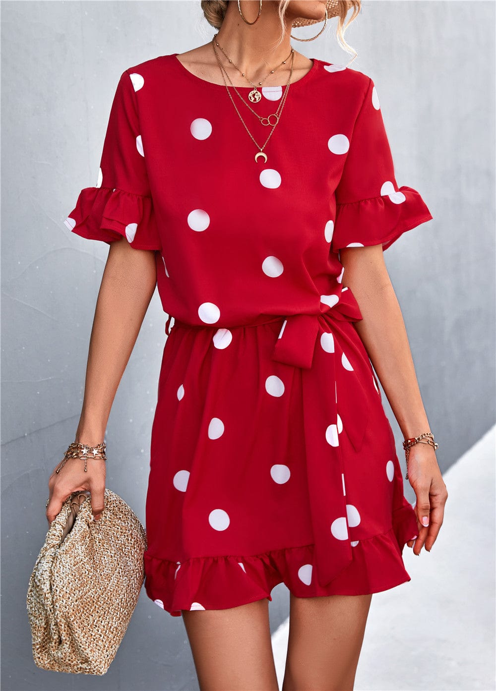 Ruffled Polka-Dot Dress with Round Neckline