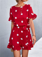 Ruffled Polka-Dot Dress with Round Neckline