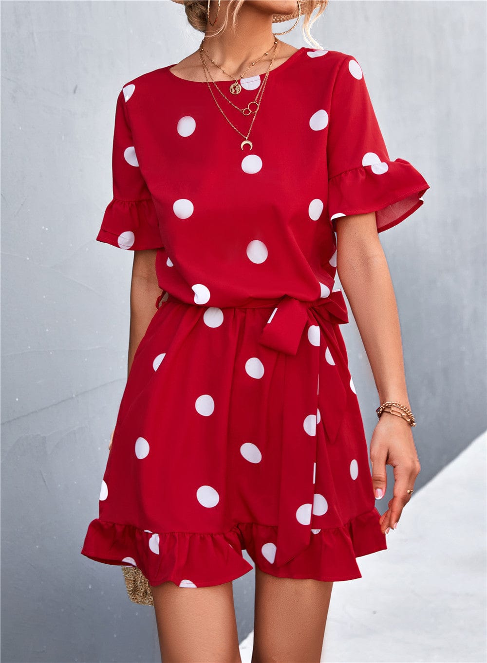 Ruffled Polka-Dot Dress with Round Neckline