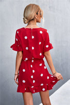 Ruffled Polka-Dot Dress with Round Neckline