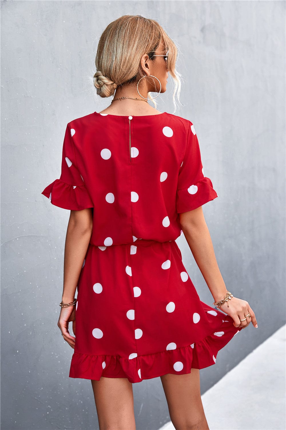 Ruffled Polka-Dot Dress with Round Neckline