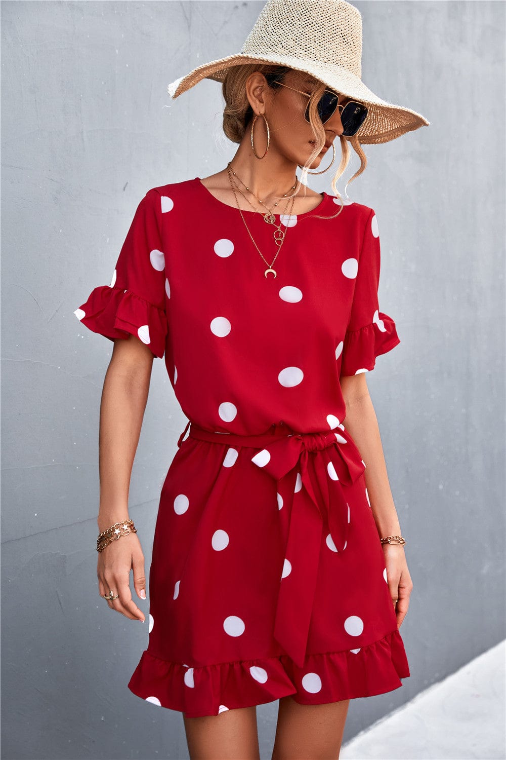 Ruffled Polka-Dot Dress with Round Neckline