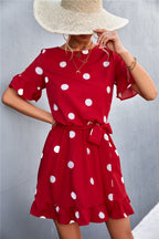 Ruffled Polka-Dot Dress with Round Neckline