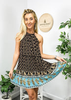 Paisley-Print Boho Dress with Halter Neckline