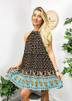 Paisley-Print Boho Dress with Halter Neckline