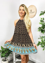 Paisley-Print Boho Dress with Halter Neckline