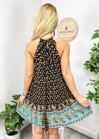 Paisley-Print Boho Dress with Halter Neckline
