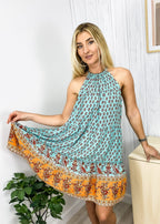 Paisley-Print Boho Dress with Halter Neckline