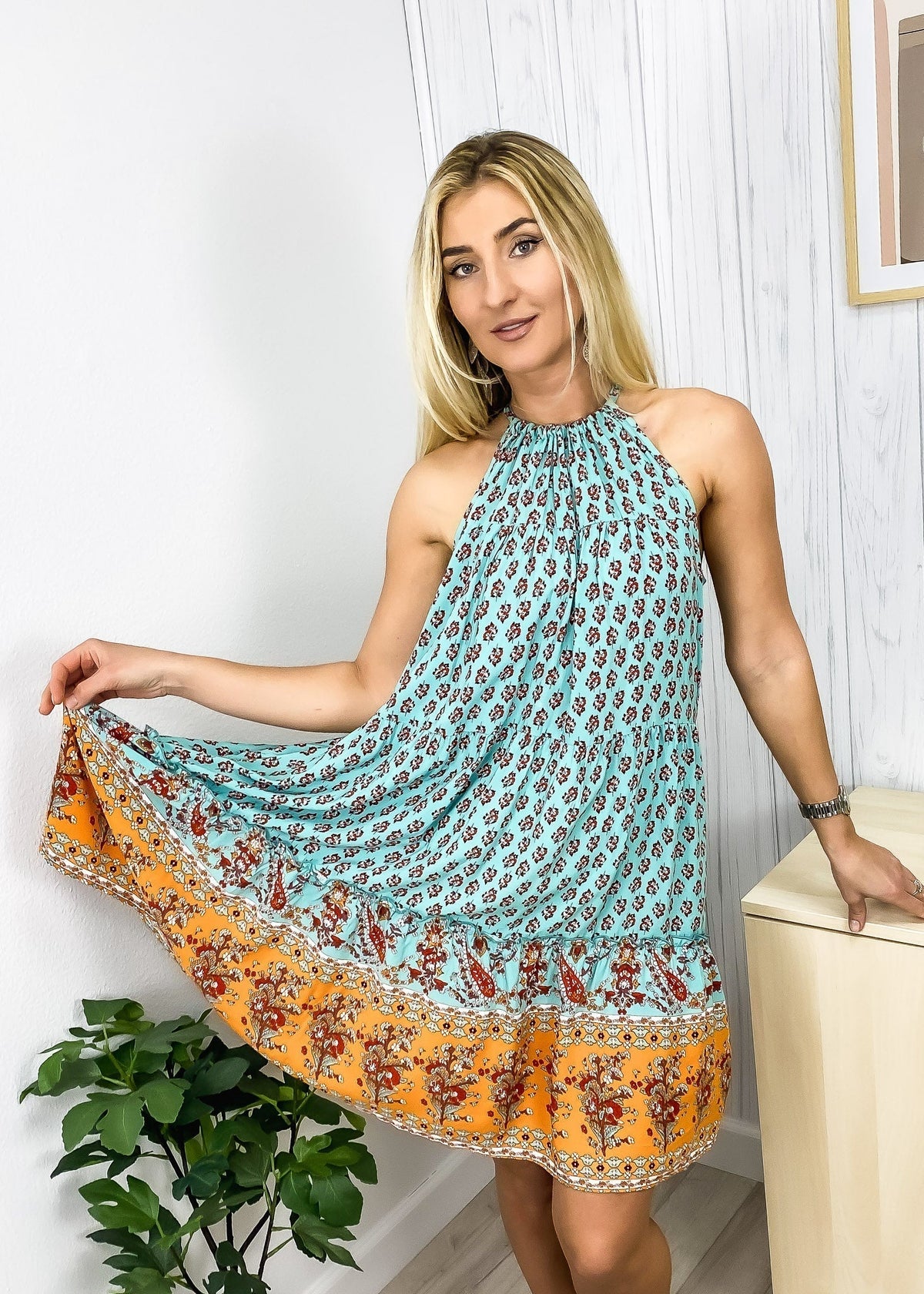 Paisley-Print Boho Dress with Halter Neckline