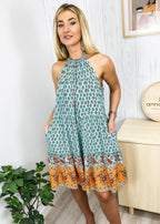 Paisley-Print Boho Dress with Halter Neckline