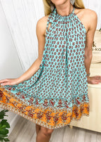 Paisley-Print Boho Dress with Halter Neckline