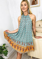 Paisley-Print Boho Dress with Halter Neckline