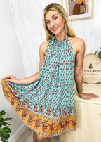Paisley-Print Boho Dress with Halter Neckline
