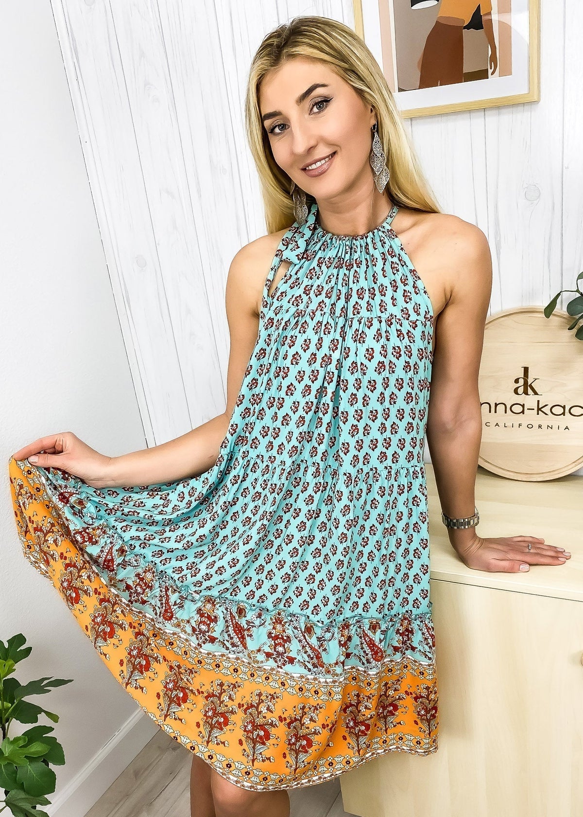 Paisley-Print Boho Dress with Halter Neckline