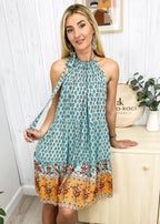 Paisley-Print Boho Dress with Halter Neckline