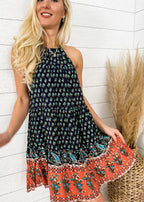 Paisley-Print Boho Dress with Halter Neckline