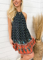 Paisley-Print Boho Dress with Halter Neckline