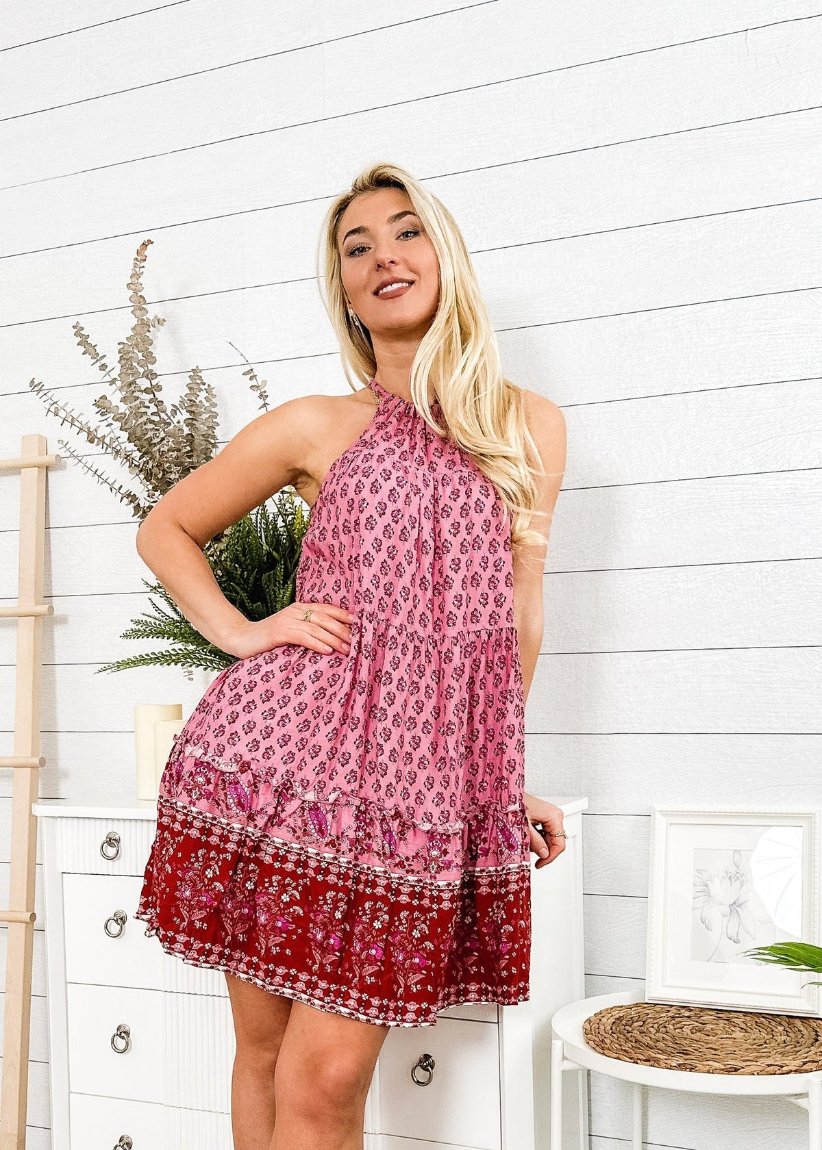 Paisley-Print Boho Dress with Halter Neckline
