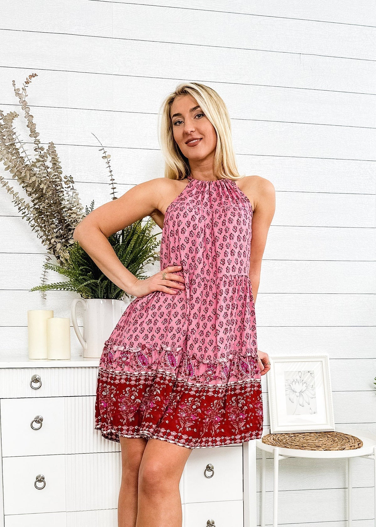 Paisley-Print Boho Dress with Halter Neckline
