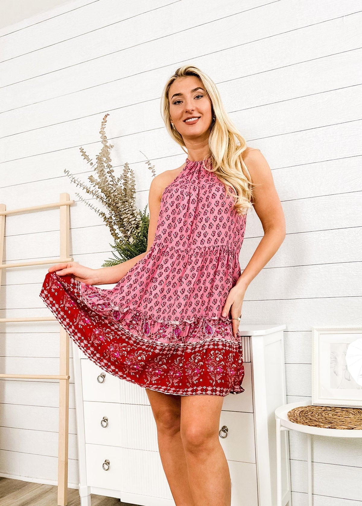 Paisley-Print Boho Dress with Halter Neckline