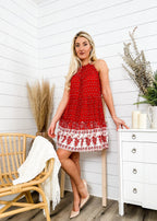 Paisley-Print Boho Dress with Halter Neckline