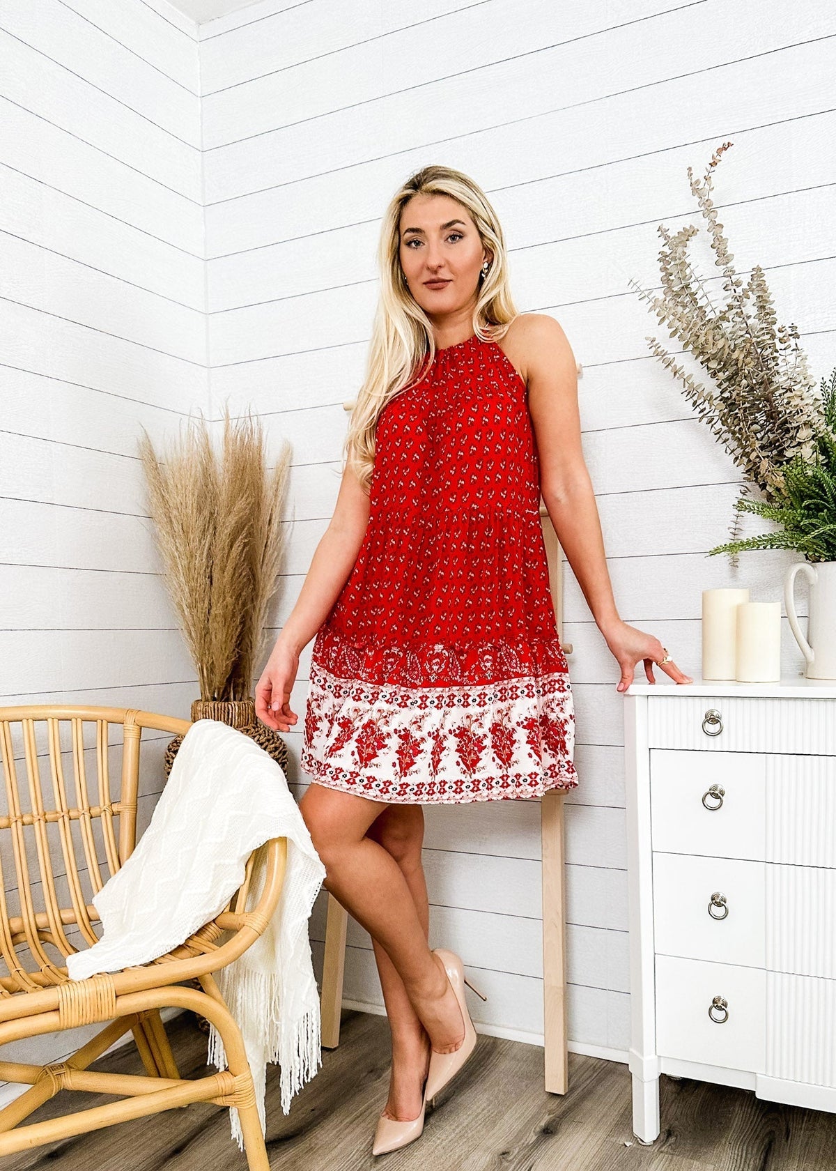 Paisley-Print Boho Dress with Halter Neckline