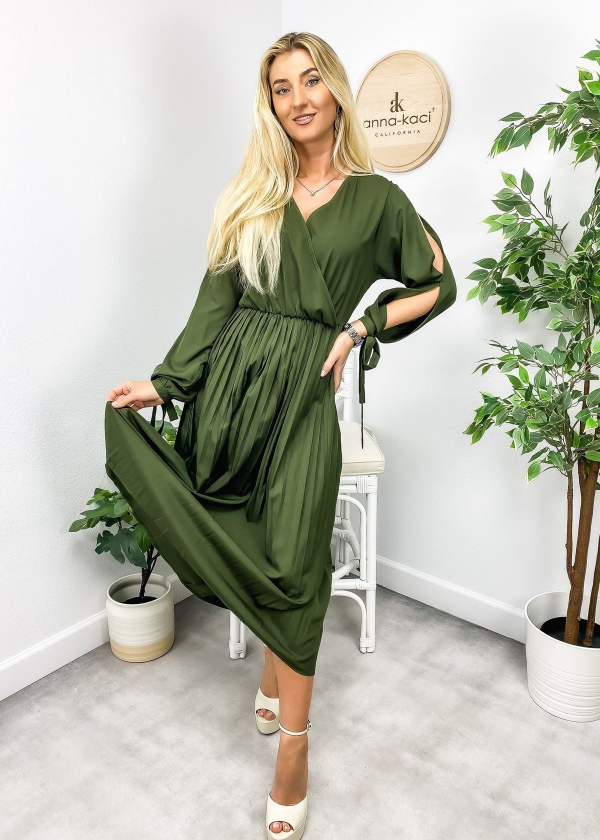 Cutout Polyester Dress with Pleats