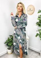 Button-Front Printed Dress with Front Slit
