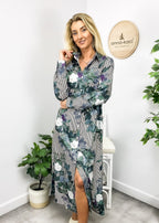 Button-Front Printed Dress with Front Slit