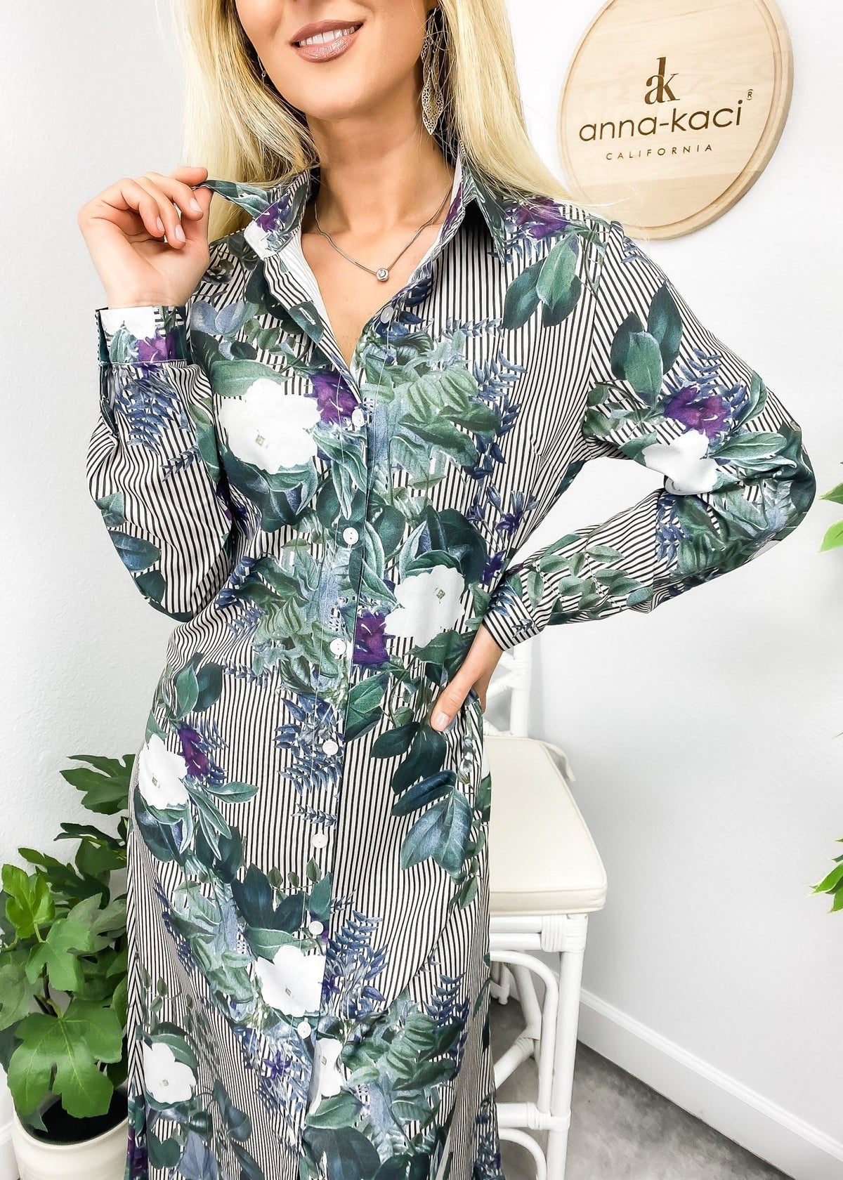 Button-Front Printed Dress with Front Slit