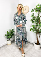 Button-Front Printed Dress with Front Slit