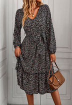 Floral Polyester Midi Dress with V-Neckline